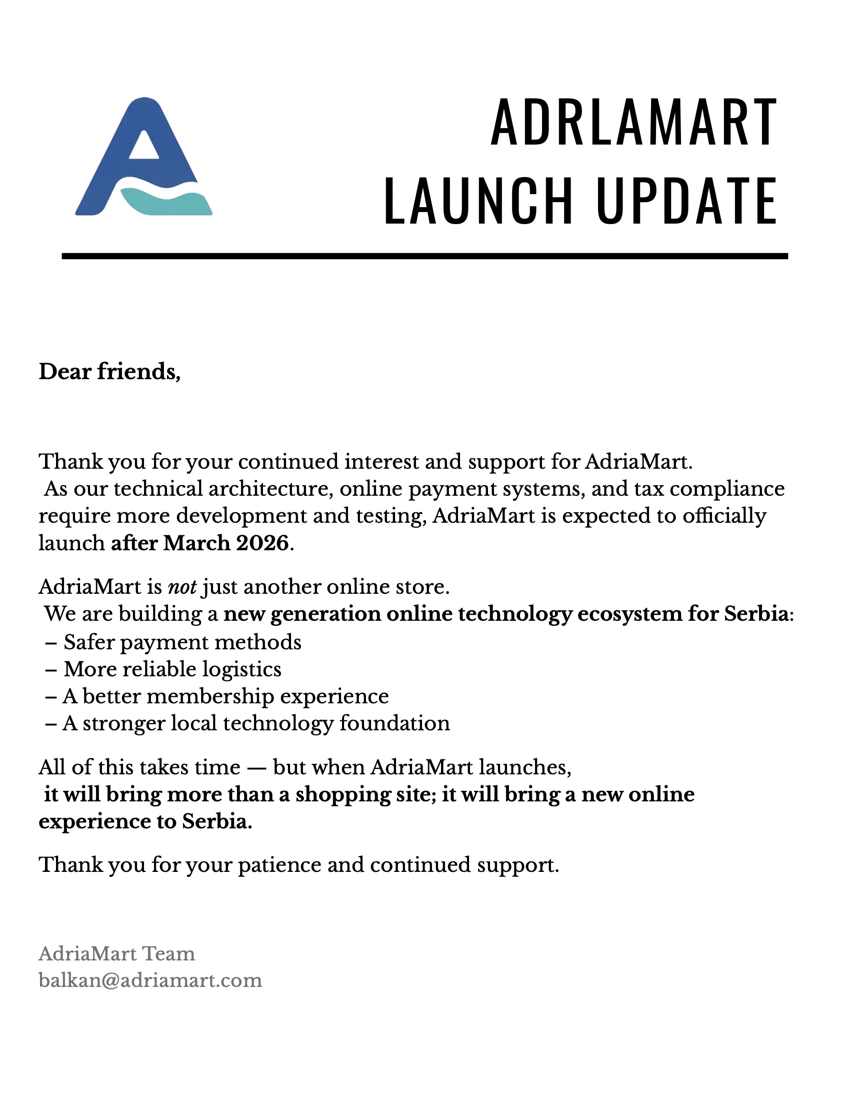 AdriaMart Launch Update Obaveštenje o datumu lansiranja AdriaMart-a